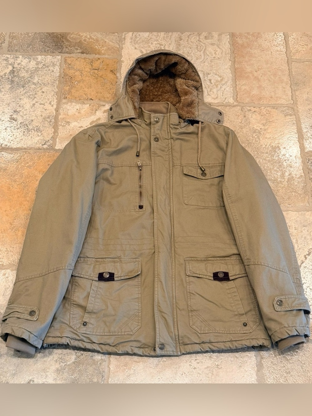 Men's Hooded Field Jacket in Olive with Faux-Fur Lining